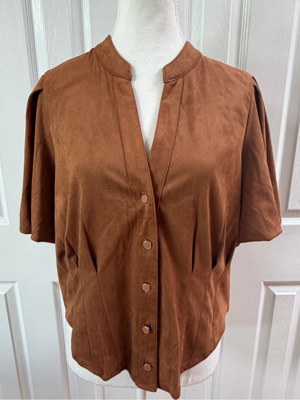 Bagatelle Camel Color Faux-Ever Leather Short Sleeve Button Up Top Size L